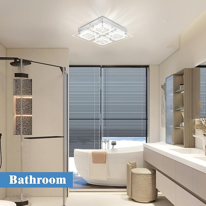 Crystal Ceiling Light LED Square Hallway Light Fixture Dimmable Flush Mount Ceiling Lights 14 Inch 4000K Bathroom Ceiling Lighting Foyer Chrome Kitchen Living Room Light