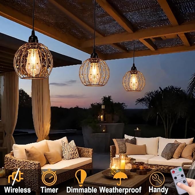 TWINKVILLA Hanging Pendant Lights, Battery Operated Outdoor Chandelier with Warm White LED Bulb for Patio Tree Pergola Gazebo Porch (Beaded Ball-ST58-3PK)