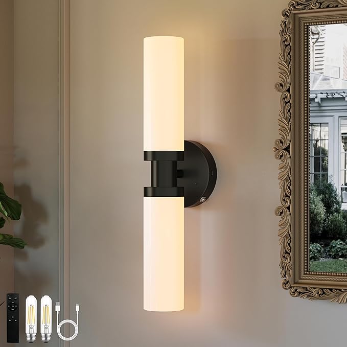 Rechargeable Battery Operated Wall Sconce, 8000mAh Cordless Wall Light with Dimmable, Timer Function, 3000K Warm White, Easy Install for Living Room, Bedroom, Black with White Shades, Bulbs Included