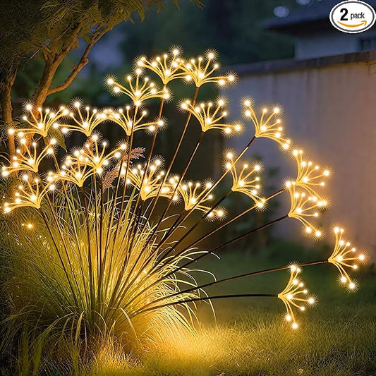 JJGoo Solar Garden Lights, New Upgraded 2 Pack Solar Swaying Starburst Light, Waterproof Fireworks Outdoor Lights, Yard Patio Pathway Decoration, Warm White