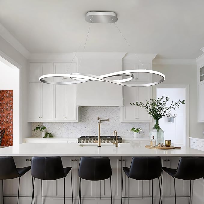 Modern Led Pendant Light, Dimmable Silver LED Chandelier for Dining Room Light Fixture Over Table Modern Kitchen Island Lighting, Height Adjustable Ceiling Light