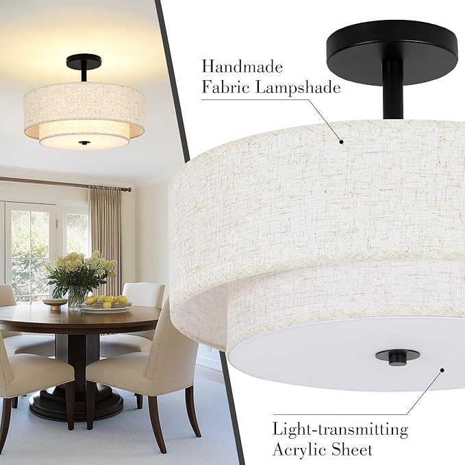 15.7 inch Modern Ceiling Light, Double Fabric Ceiling Lamp, 3 Light Black Semi-Flush Mount Ceiling Lights, Round Ceiling Light Fixture for Bedroom, Kitchen, Dining Room, Hallway，Living Room