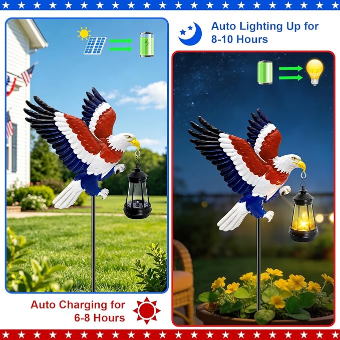 4th of July Independence Day Solar Eagle Garden Lantern Outdoor,Patriotic Bald Eagle Decor Lights,Waterproof Solar Yard Light with LED,American Gifts for Dad Veterans