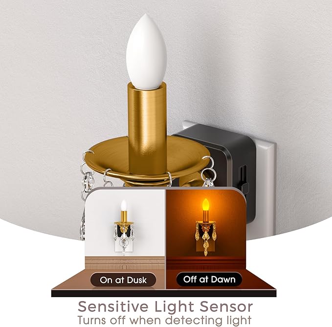 Briignite Candle Night Lights Plug into Wall, LED Amber Night Light with Dusk to Dawn Sensor, 0-100LM Dimmable, Decorative Gold Candle-Style Nightlight for Bedroom, Bathroom, Hallway, Stairway