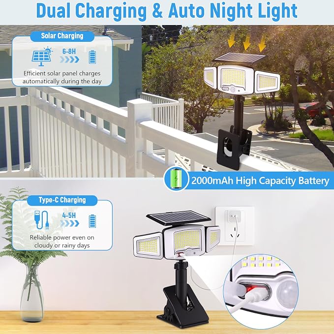 Clip on Solar Lights Outdoor with 3 Heads & 360°Angle Lighting, 1000LM 231 LEDs Motion Sensor Outdoor Lights, IP65 Waterproof Dual Charging Security Flood Light for Patio Fence Gutter (2 Pack)