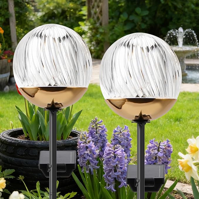 Solar Ball garden Stake Lights - Elegant Outdoor Acrylic Ball Garden Lights, Exquisite Solar garden Globe stake light,out door decor for Yard, Pathway, Patio , gifts for Mom (Black stake , 2 pack)