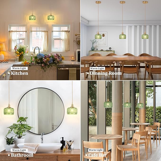 Shenmoyl Pendant Light 2 Pack with Green Striped Glass Lmapshade, Brass Vintage Pendant Light Adjustable Hanging Light for Kitchen Island Dining Room Hallway