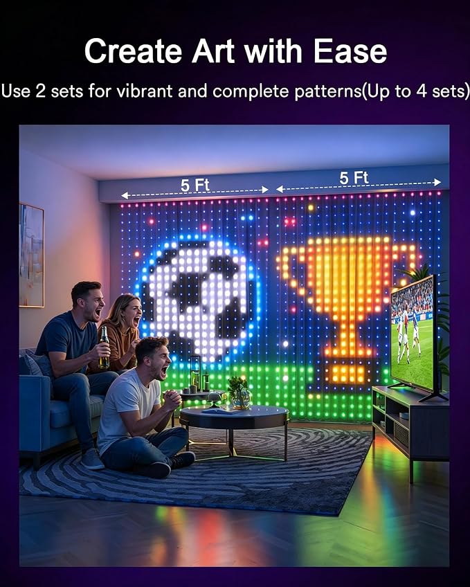 Lumary WiFi Smart Curtain Lights, World Cup Decor Curtain Lights with APP & Remote Control, DIY Color Changing, Pattern GIF Display for Outdoor Indoor, 6.9 x 5FT, 540 RGB LED