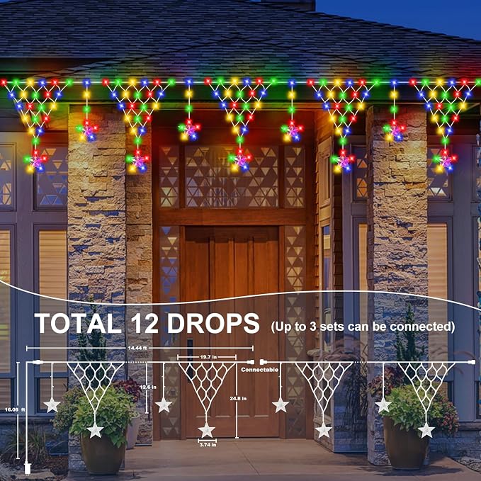 (New) Outdoor Christmas Lights, 13.8ft 218 LED Christmas Curtain Lights, Icicle String Lights with 12 Drop Stars for Curtain, Indoor, Garden, Patio, Wedding, New Year, Home Decoration - Multicolor