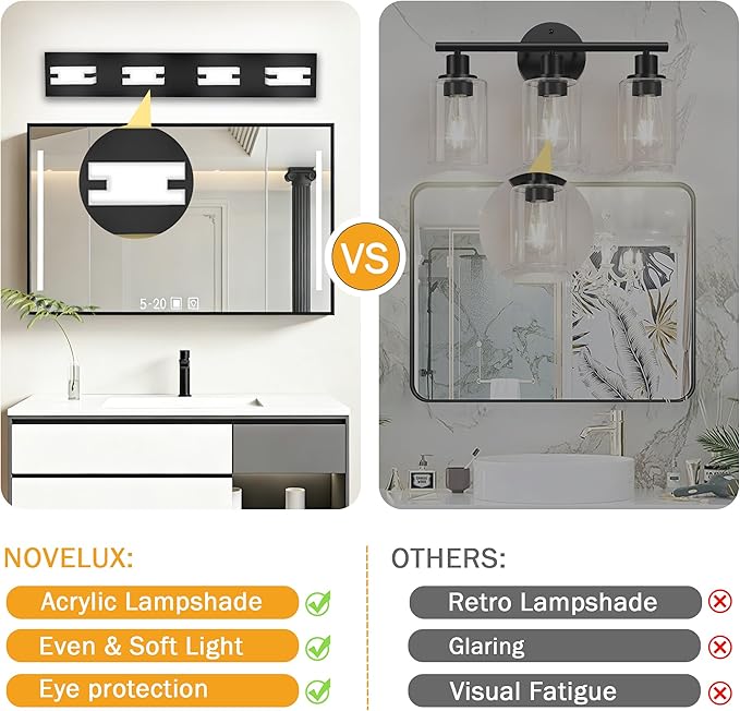 LED Bathroom Light Fixtures, 4-Light Modern Vanity Lights with Milky White Frosted Acrylic Shades, Matte Black Bathroom Lighting fixtures Over Mirror, ETL Listed, 27W (Cool White 5700K)