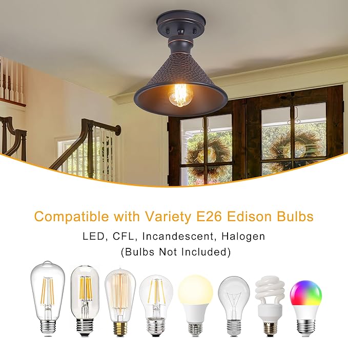 Tarentlight 9.2" Industrial Semi Flush Mount Ceiling Light,Vintage Hammered Pattern Cast Aluminum Shade,1-Light E26 Classic Lamp,Oil Rubbed Bronze Farmhouse Lighting for Hallway Kitchen Entryway.