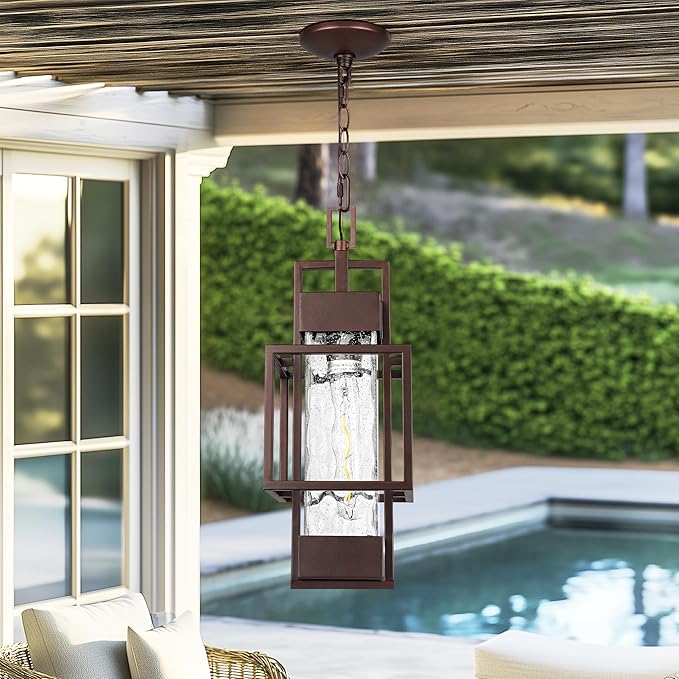 15" Outdoor Indoor Pendant Light Exterior Hanging Lantern, Modern Metal Outside Chandelier Light Fixture Ceiling Mount with Water Glass for Front Porch Entrance Foyer Entryway, Oil Rubbed Bronze