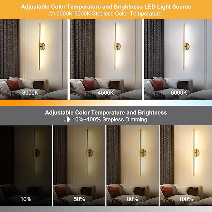 Wireless Battery Operated Wall Sconces with Remote, Gold Rechargeable Led Wall Lights Set of Two, Cordless Dimmable Battery Powered Wall Lamp Decor for Bedroom Living Room, 3 Color, 32 Inch