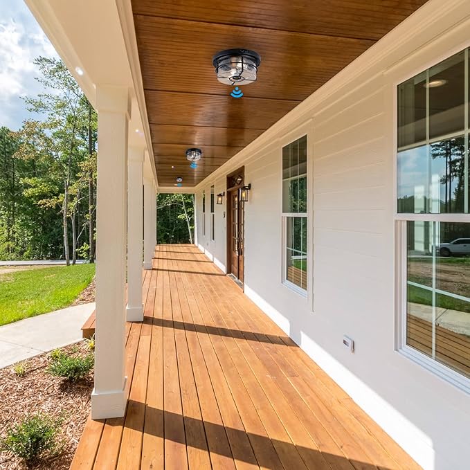 Motion Sensor Outdoor Flush Mount Ceiling Light - Sleek Round Exterior with Seeded Clear Glass - Perfect for Front Porch, Garage, Entryway
