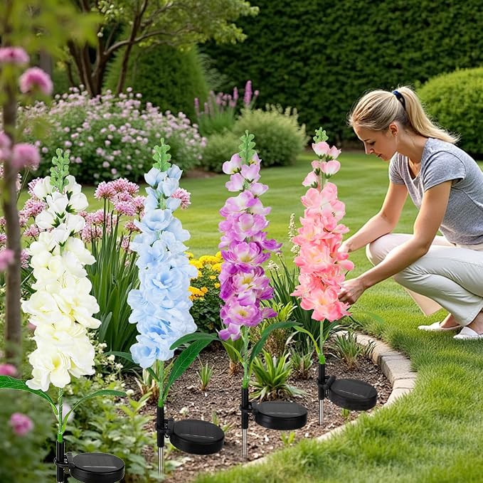4 Pack Color Changing Solar Lights Delphinium Flower Decorative Lights | Auto ON/Off,Outdoor Waterproof,Garden Lights for Spring Lawn Pathway Landscape Birthday Gifts for Mom Women Grandma