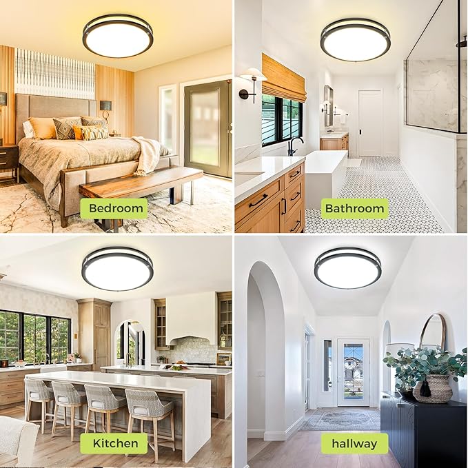 hepside Flush Mount LED Ceiling Light with Remote, Dimmable& 3000K-6500K Adjustable Ceiling Light Fixture, Timer, Night Light, 16 inch Black Ceiling Lamps for Kitchen Bathroom Bedroom Hallway