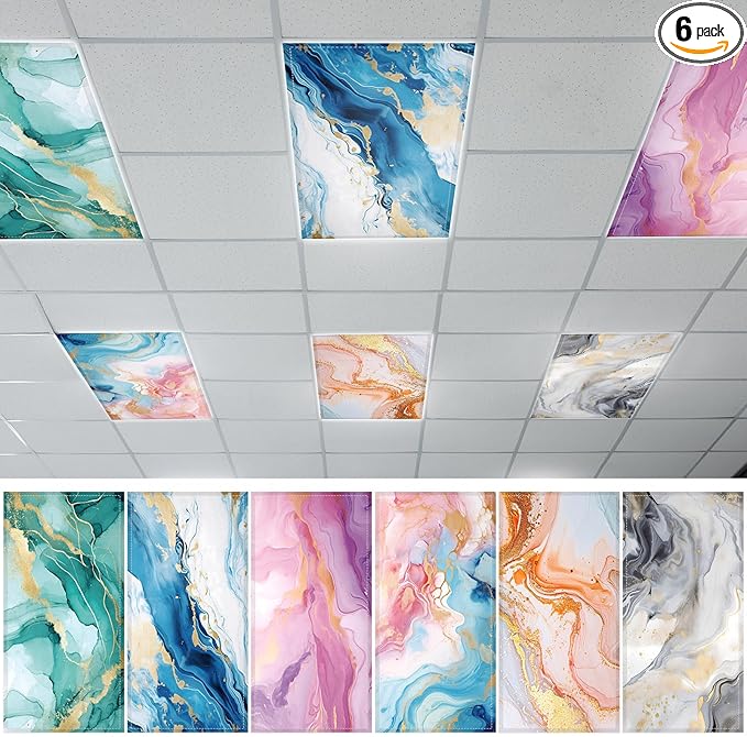 6 Pcs Fluorescent Light Covers, 4x2 Feet Magnetic Light Cover Fluorescent Lights Shade Panel Positive Inspirational Ceiling Lights Filters for Office Classroom Home Drop Ceiling Marble