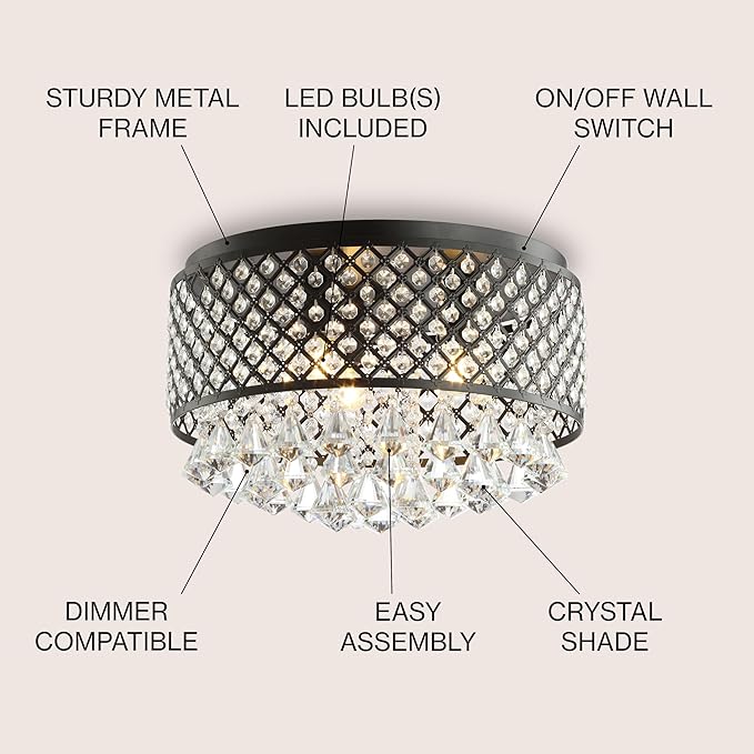 JONATHAN Y 17" Black LED Flush Mount Ceiling Light, 3-Light Modern Glam Chandelier for Bedroom Living Room Hallway, Dimmable Metal Trellis with Clear Crystal Drops JYL6143A