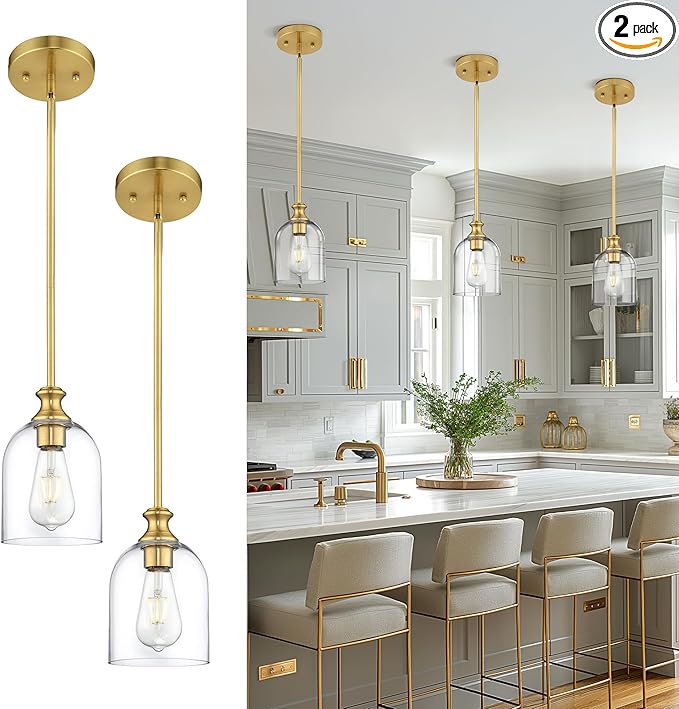 AUTELO 2-Pack Brushed Gold Pendant Lights Kitchen Island, Island Pendant Lights for Kitchen with Clear Cylinder Glass, Glass Pendant Lights with Adjustable Rods, H2511 CLBG 2PK