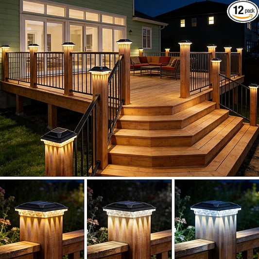 Solar Post Cap Lights 16 LEDs Outdoor Waterproof 12 Pack for 4x4 Vinyl/Wooden Fence Post Light Solar Powered with 3000/4500/6000K 3 Modes, Deck Post Cap Light for Garden, Patio, Porch
