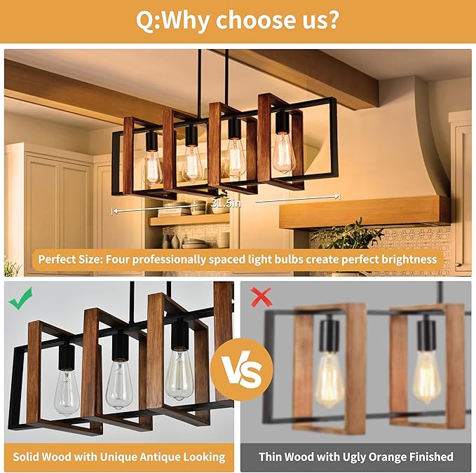 Antique Wood Chandelier Island Lights for Kitchen, 31.5" Pendant Lights Kitchen Island Lighting, 4-Light Rectangular Wood Black Rustic Farmhouse Chandeliers for Dining Room Light Fixtures Over Table