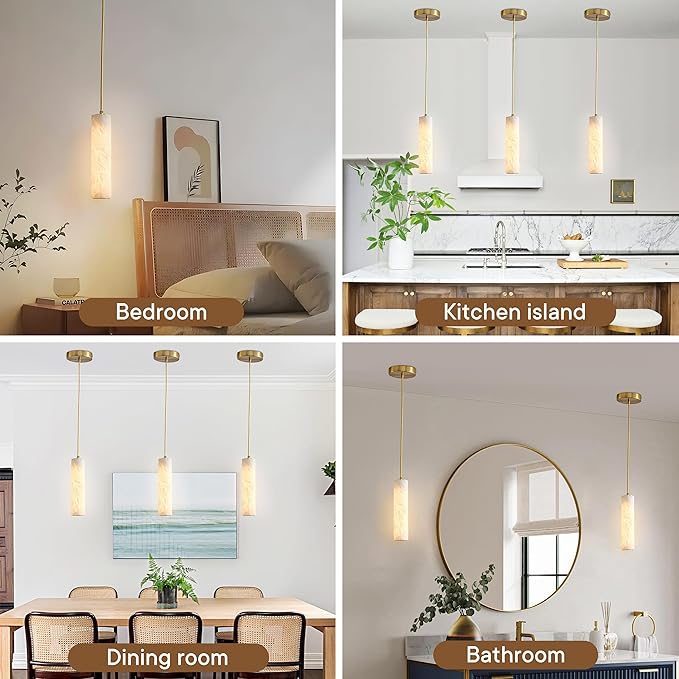 Natural Alabaster Pendant Light Fixture, Modern Marble Kitchen Island Lamp, Long Tube Alabaster Chandelier with LED Light Strip, Small Pendant Light for Kitchen, Dining Room, Living Room (1 Pack)
