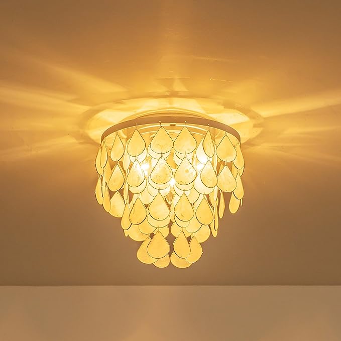 3-Light Teardrop Capiz Shell Ceiling Light, Coastal Design Flushmount Close to Ceiling Light for Kitchen, Dining Room & Bedroom, D11 * H11 inch, Silver Finish