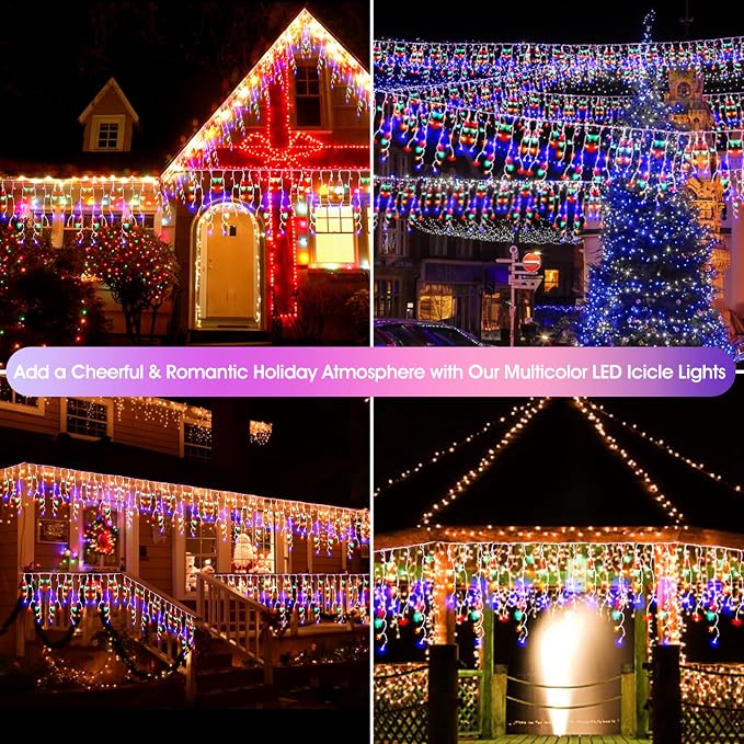 Christmas Icicle Lights Outdoor, 1008 LED 98.4 FT 8 Modes with Remote Control, Curtain Fairy String Lights for Christmas Decorations Holiday Wedding Party Eaves Window Yard Indoor (Multicolor)