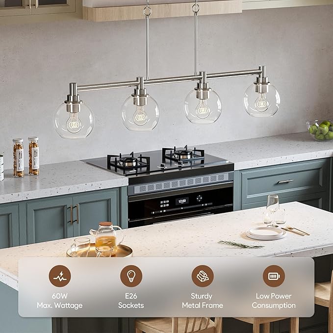 VONLUCE Dining Room Light Fixture Over Table, 4-Light Kitchen Island Lighting with Round Glass Shades & Adjustable Hanging Heights, Linear Chandlier for Dining Room Kitchen, Nickel, ETL Certificated