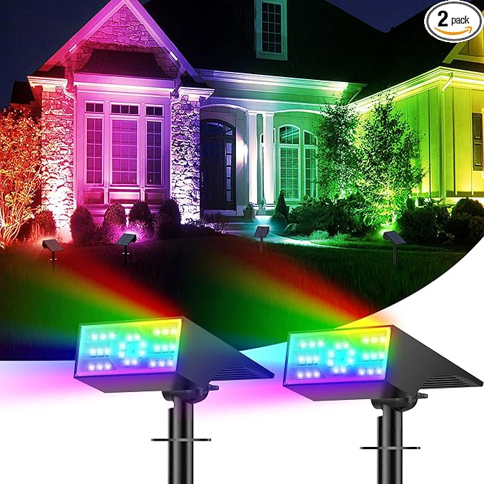 Solar Color Changing RGB Spot Lights Outdoor, 2 Pack/7 Lighting Modes Multicolor Outdoor Lights for Yard Waterproof IP68, Halloween Christmas Solar Landscape Powered Lights Garden Pathway