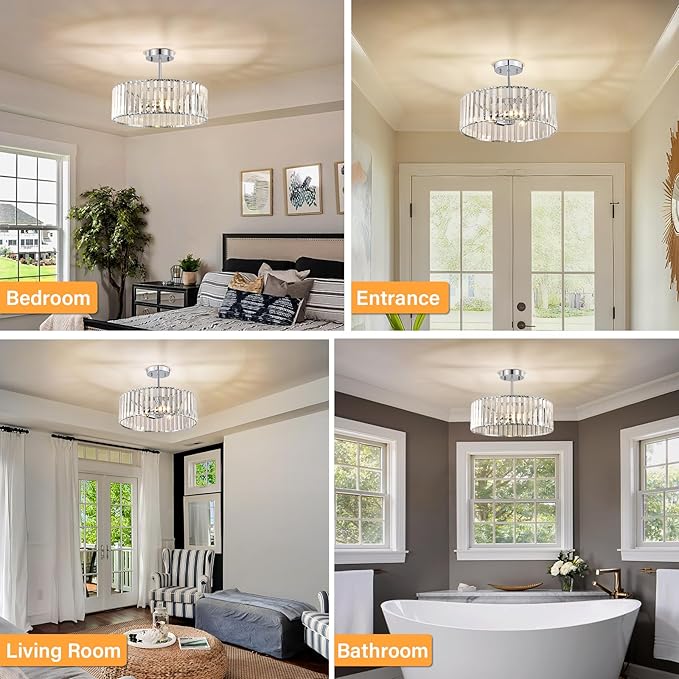 Chrome Crystal Ceiling Light Fixture, Modern Semi Flush Chandelier, Round Hanging Lighting Chandeliers for Dining Room, Kitchen, Bedroom, 3-Light, 15.74 Inch
