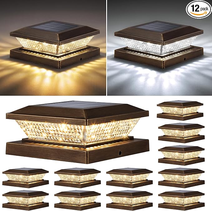 Mlambert 4x4 Solar Post Cap Lights Outdoor 12 Pack, Waterproof Solar Fence Light for Wooden/Vinyl Post, 2 Color Outside Deck Patio Porch Decor, Brown