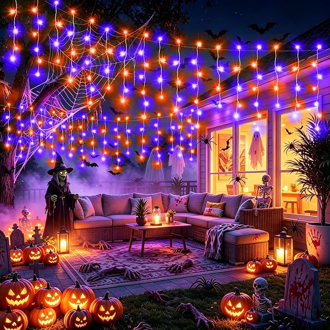 XURISEN 132ft Christmas Lights Decorations Outdoor, 1280 LED 8 Modes Fairy Lights with 240 Drops,Plug in Waterproof Timer Memory Function for Christmas Holiday Wedding Party Decorations(P+O)