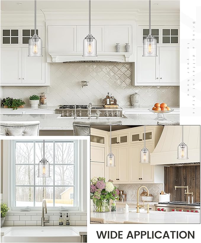 zeyu 2 Pack Modern Pendant Light Fixture, Brushed Nickel Hanging Light with Clear Glass for Kitchen Island Dining Room Bedroom Hallway Foyer, ZSL104MIL-2 BN