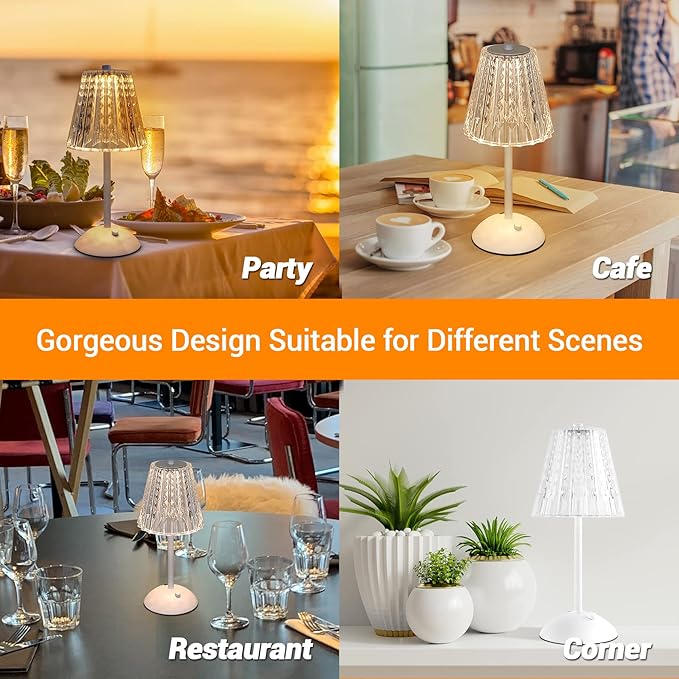 Cordless Table Lamp, 4000mAh Rechargeable Battery Operated Lamp, 3 Color Modes & Stepless Dimmable LED Touch Lamp, Portable Crystal Metal Beside Lamps for Bedroom Restaurant Outdoor(White)