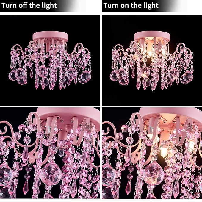 Rain Drop Crystal Small Crystal Chandelier Ceiling Light 3-Light Fixture Modern Chrome Iron Material Suitable for Bedrooms, Hallways, Walk-in Closets, Entryways, Stairwells (Pink)
