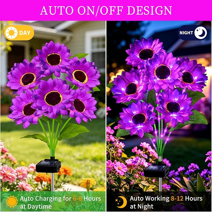 Solar Lights Outdoor, Gift for Women Mom Grandma Friends, 6 Pack 36 Solar Purple Sunflower Lights, Solar Flower Lights Waterproof, Outside Sunflower Decor Lights For Landscape Yard Patio Lawn Pathway