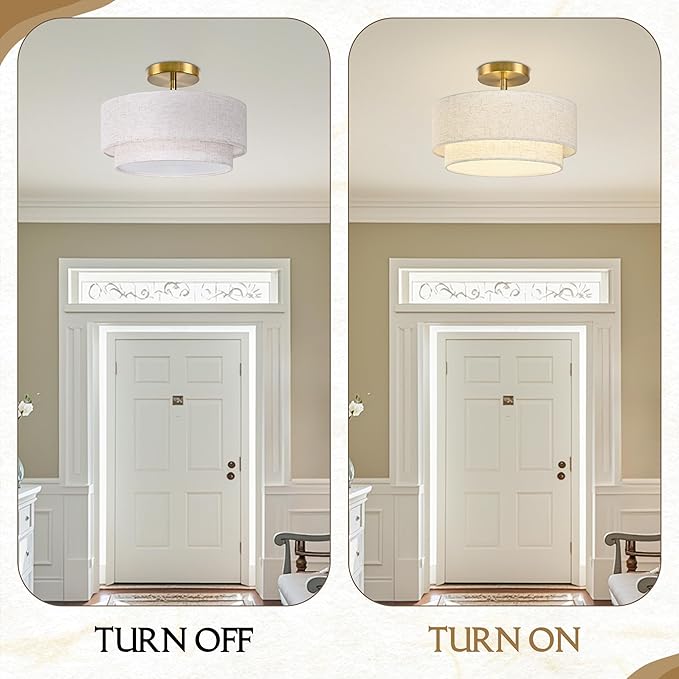 12.6 inch Flush Mount Ceiling Light Gold Close to Lights Fixture with 2-Layer Fabric Shade 3-Light Drum Modern Lights for Dining Room Bedroom Hallway