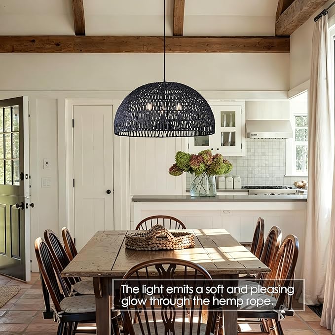 24" Black Woven Pendant Light Boho Chandelier Dome Rustic Farmhouse Chandelier Wicker Pendant Light Rattan Light Fixture for Dining Room Living Room Bedroom Kitchen Island Foyer(Bulb Incl)
