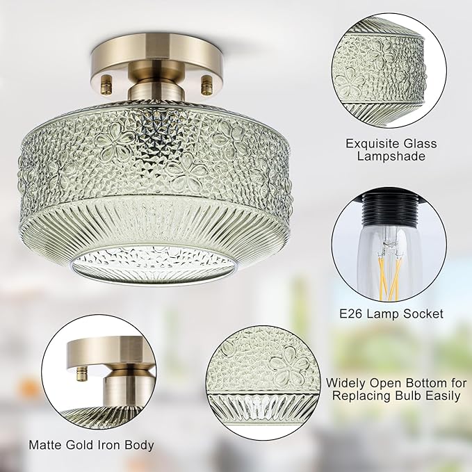 Semi Flush Mount Ceiling Light, 9 Inch Modern Small Ceiling Light Fixture with Green Thickened Glass & Stone Floral Pattern, Bronze Base for Hallway Kitchen Bedroom Hotel Cafe