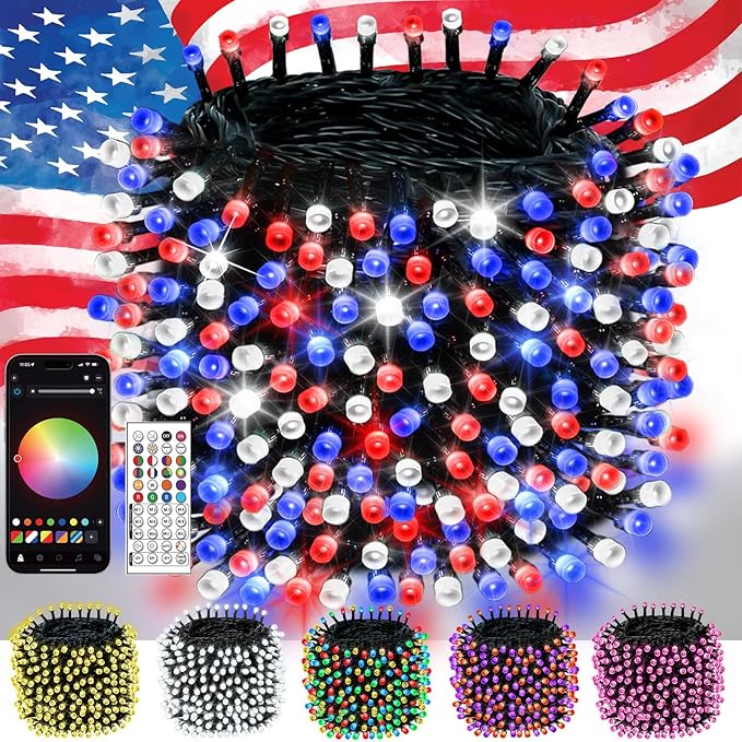 600LED Smart 4th of July String Lights | 206FT App Controlled Red White and Blue American Flag Lights, Waterproof Patriotic RGB Color Changing String Lights with Remote & Timer Outdoor for Memory Day