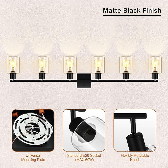 Track Lighting Fixtures Ceiling, 6-Light Track Light with Clear Glass Shade, 45" Modern Kitchen Lighting Ceiling with Rotatable Track Head, Black Wall Light for Vanity Hallway Bedroom(E26, No Bulb)