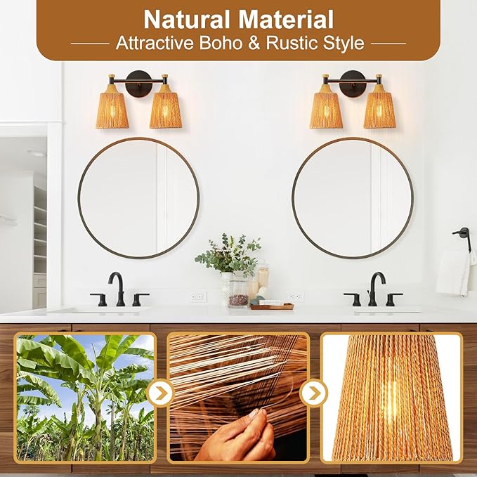 2-Light Bathroom Vanity Light, Boho Bathroom Light Fixtures Over Mirror Rattan Vanity Lighting Fixtures with Hand-Woven Lampshade Rustic Style Wall Sconce for Bedroom Living Room