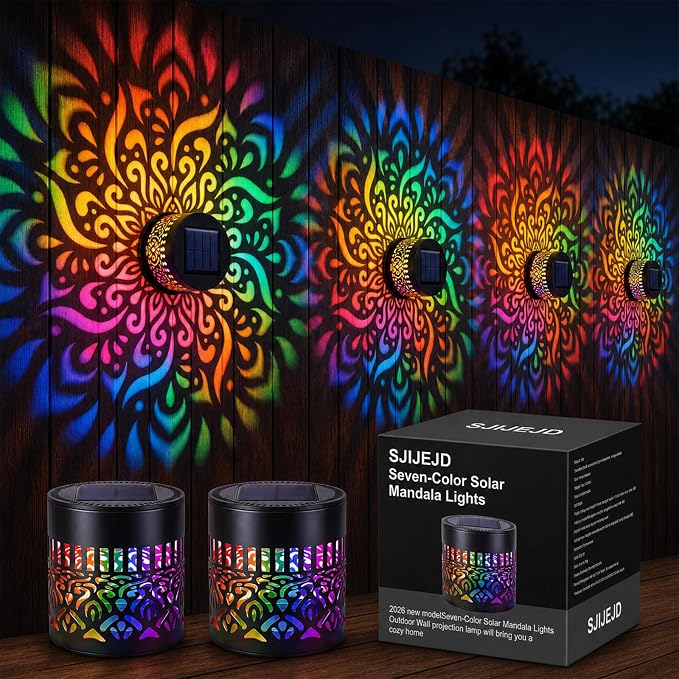 2026 New Seven-Color Changing Solar Mandala Projection Wall Light IP65 Water Proof Decorative Mandala Lights Outdoor Metal Fence Lights for Yard Garden Post Patio Backyard Decor (2pcs)