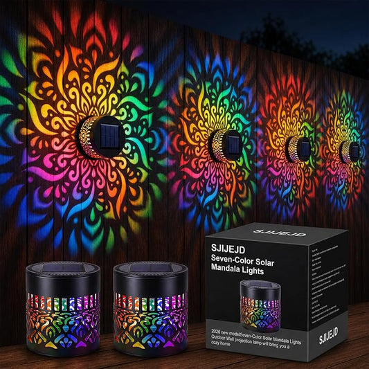 2026 New Seven-Color Changing Solar Mandala Projection Wall Light IP65 Water Proof Decorative Mandala Lights Outdoor Metal Fence Lights for Yard Garden Post Patio Backyard Decor (2pcs)