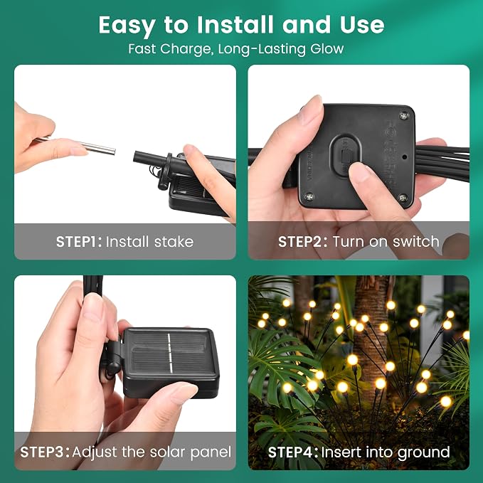 Solar Garden Lights, LED Swaying Solar Lights Outdoor Waterproof, Warm White Firefly Outdoor Decorative Lights, Garden Decor, Yard, Patio, Pathway Decoration Gardening Gifts (4 Pack)