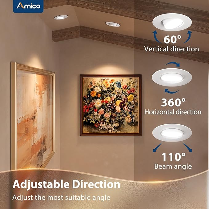 Amico 4 Inch Retrofit Eyeball Gimbal Can Lights 6 Pack, Metal Trim, 5CCT LED Recessed Lights Directional Angled Adjustable Ceiling Downlight, 10W=90W, 900 LM- ETL&FCC