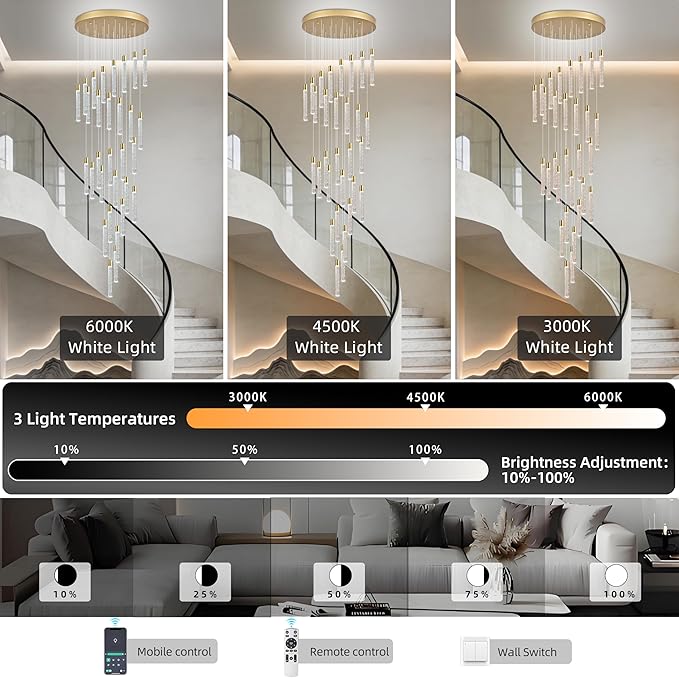 30-Light Gold High Ceiling Chandeliers Modern Crystal Chandeliers for Entryway Long Spiral LED Dimmable Chandelier Flush Mount Ceiling Staircase Foyer Living Room Ceilings Light Fixture