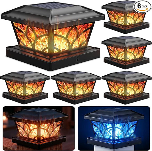 SIEDiNLAR Flickering Flame Solar Post Cap Lights 4 Modes 6 Pack, Upgrade Model for 4x4 5x5 6x6 Wood & Vinyl Posts, Waterproof Outdoor Fence Deck Patio Decor, Warm White/Blue Light (Black)