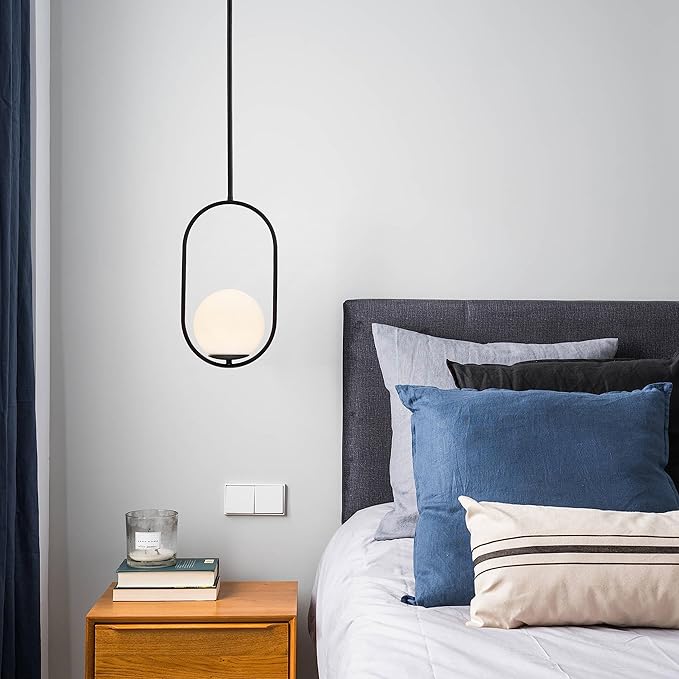 Matte Black Globe Pendant Light – 5.9" Glass Shade Mid Century Modern Hanging Light Fixture, Hardwired Ceiling Pendant for Kitchen Island, Hallway, Entryway, Bathroom, Closet